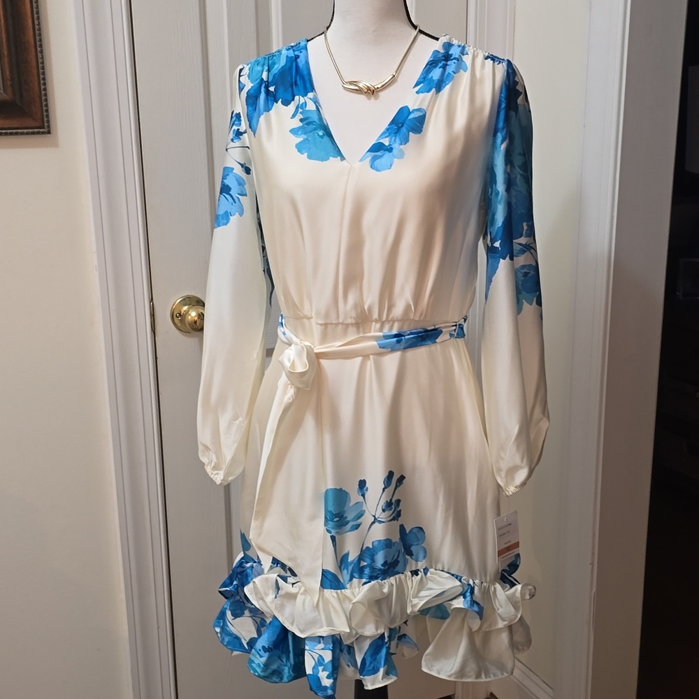 TAYLOR BRAND WOMEN'S WHITE AND BLUE FLORAL LONG SLEEVES RUFFLED DRESS SIZE 10